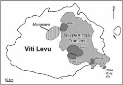 Figure 1. The island of Viti Levu, showing the location of Monasavu relative to the other focal sites along the PABITRA Gateway Transect. The geology and climate information for the area is treated in R. Kumar's article elsewhere in this issue.