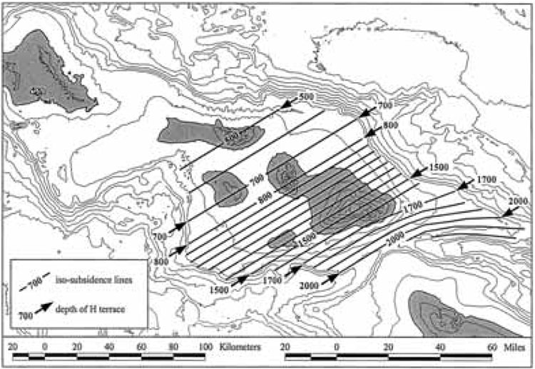 Figure 6. Estimated subsidence since 1.2 Ma. Contour interval is 500 m. Arrows show depth of H terrace at select locations. Solid lines indicate assumed amount of subsidence since the formation of the H terrace (iso-subsidence lines). For the Haleakalā ridge east of Maui, the direction and degree of tilt was determined from examination of submerged coral reefs that were originally horizontal (Moore et al. 1992).