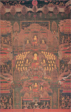 Figure 6. Transformation Tableau of the Visualization Sūtra. Koryŏ, 1323. By Sŏl Ch’ung 薛冲 and Yi [?] 李 [?]. Hanging scroll; color on silk. 224.2 cm × 139.1 cm. Chionin, Kyoto, Japan. Following .