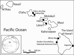 Figure 1. The Main Hawaiian Islands. Study sites are denoted by a closed circle (•). Inset map shows locality of the Hawaiian archipelago within the Pacific Ocean.