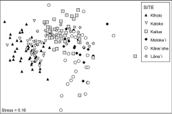 Figure 3. Two-dimensional multidimensional scaling ordination showing the grouping of diet samples by foraging site based on the presence/absence of diet items in each sample (n = 183). Points that appear closer together are more similar in their algal assemblages than points farther apart. Kapoho was not included in this analysis because it was sampled only during August.