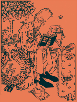 Fig 3. Etching by Edmund Dulac, 1928, featuring Shaw seated on the British lion, reading nietzche and watering a patch of Brussels sprouts. Private collection. Permission granted by helena King.