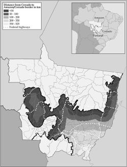 Figure 1. Distance from Each Grid Cell in the Cerrado Biome to the Amazon Biome in Mato Grosso